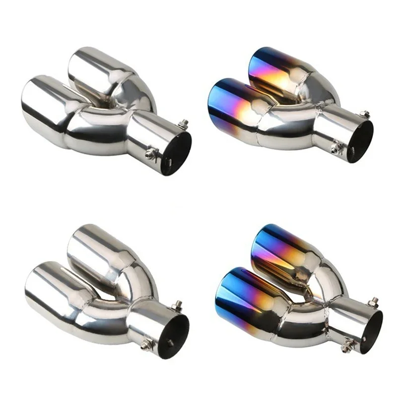 63mm Universal Car Exhaust Pipe Muffler Tail Pipe Outlet Nozzle End Stainless Steel Pipe Trim Double Outlet Exhaust Silencer