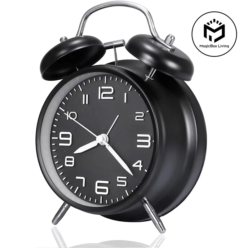 4 Inch Twin Bell Loud Alarm Clock Metal Frame 3D Dial with Backlight Battery Operate Desk Table Alarm Clock Home Office Clocks