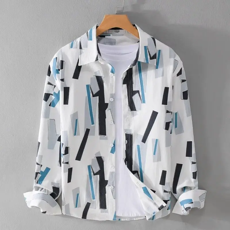 Summer Men's 2024 New Splicing Square Collar Button Pocket Printed Trendy Minimalist Casual Loose Fashion Long Sleeve Shirts