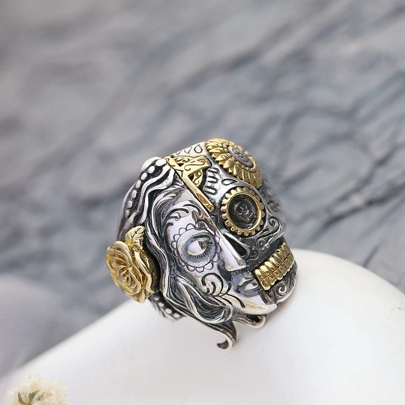 Authentic 925 Sterling Silver Ring Classic Nostalgia Retro Punk Style Skull Open Ring Unisex Fashio Tide Flow Party Jewelry image 3