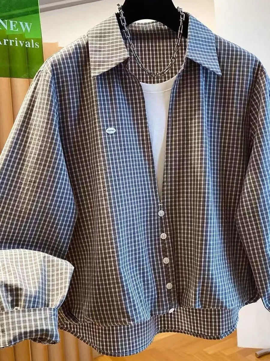 Brand New Korean Style Plaid Shirt Layered Look Fake Two-Piece Cotton Long Sleeve Women's Loose Fit Breathable Comfortable 5