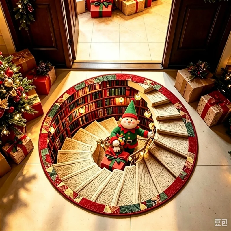 Alfombra Redonda Navideña con Ilusión 3D de Escalera de Santa, Tapete Impreso para Estantería, Decoración Interior para el Hogar en Navidad