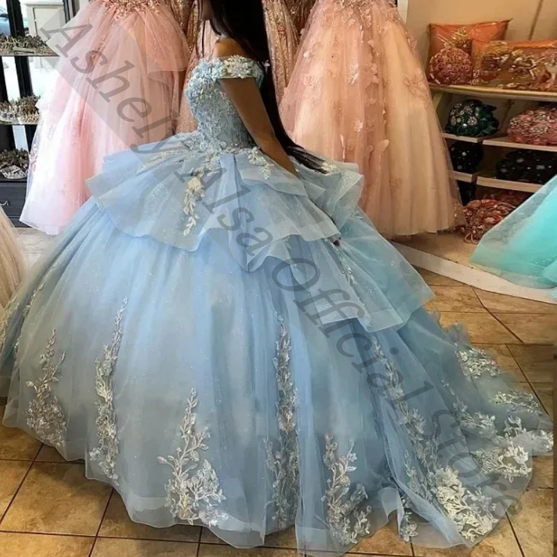 Maßgeschneiderte luxuriöse himmelblaue Quinceanera-Kleider für 15- bis 16-jährige Mädchen, Blumenapplikation, bauschiger Rock, Abschlussball-Partykleid, Anlass. Neu