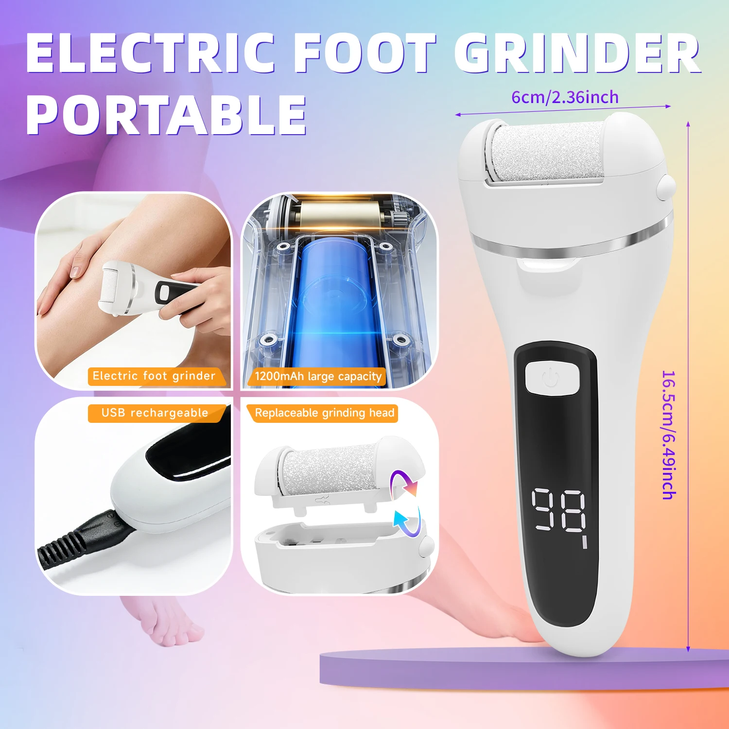 Rechargeable Electric Callus Remover Professional Pedicure Machine Foot File Grinder with 3 Heads for Dead Skin Removal