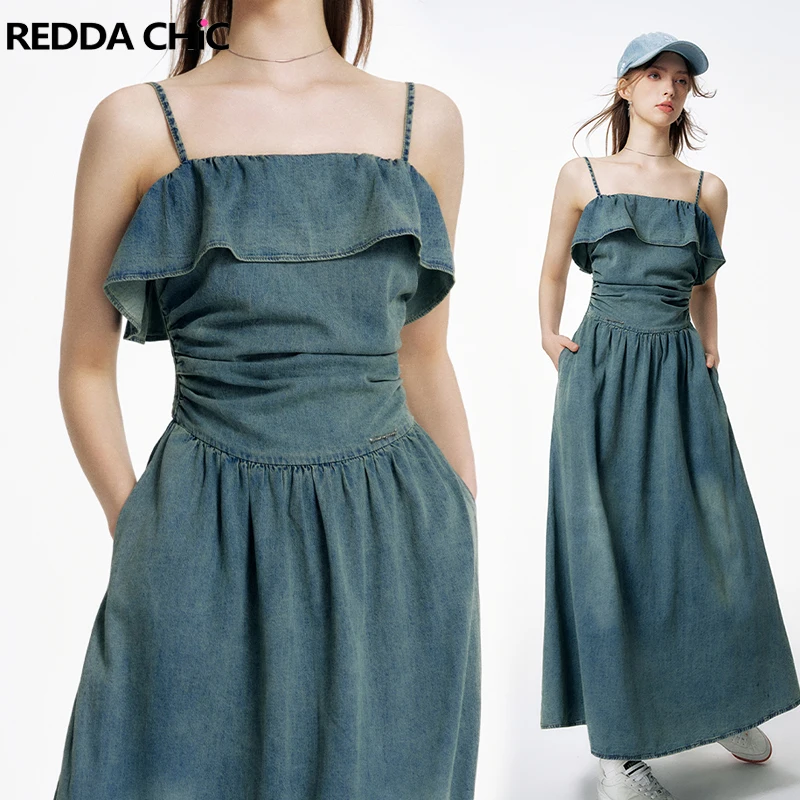 

REDDACHiC Cowgirl Ruffle Corset Long Dress Women Vintage Wash Shirred Ruched Spaghetti Straps Denim Dress Summer Casual Clothes