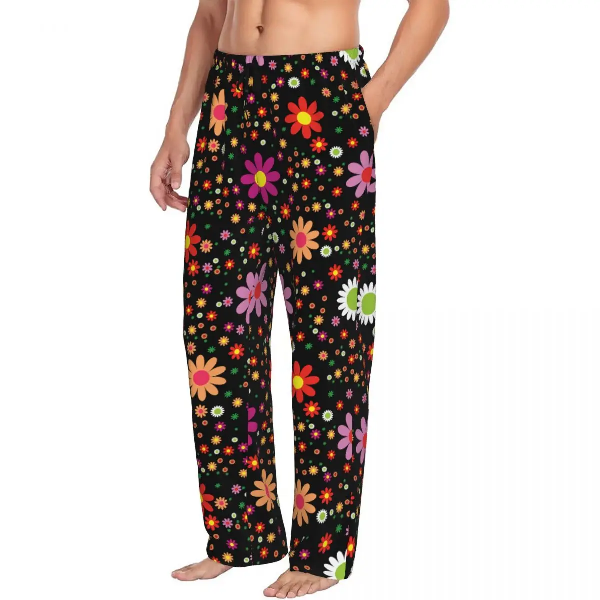 Custom Print Hippie Flower Pattern Pajama Pants Men Sleep Sleepwear Bottoms with Pockets