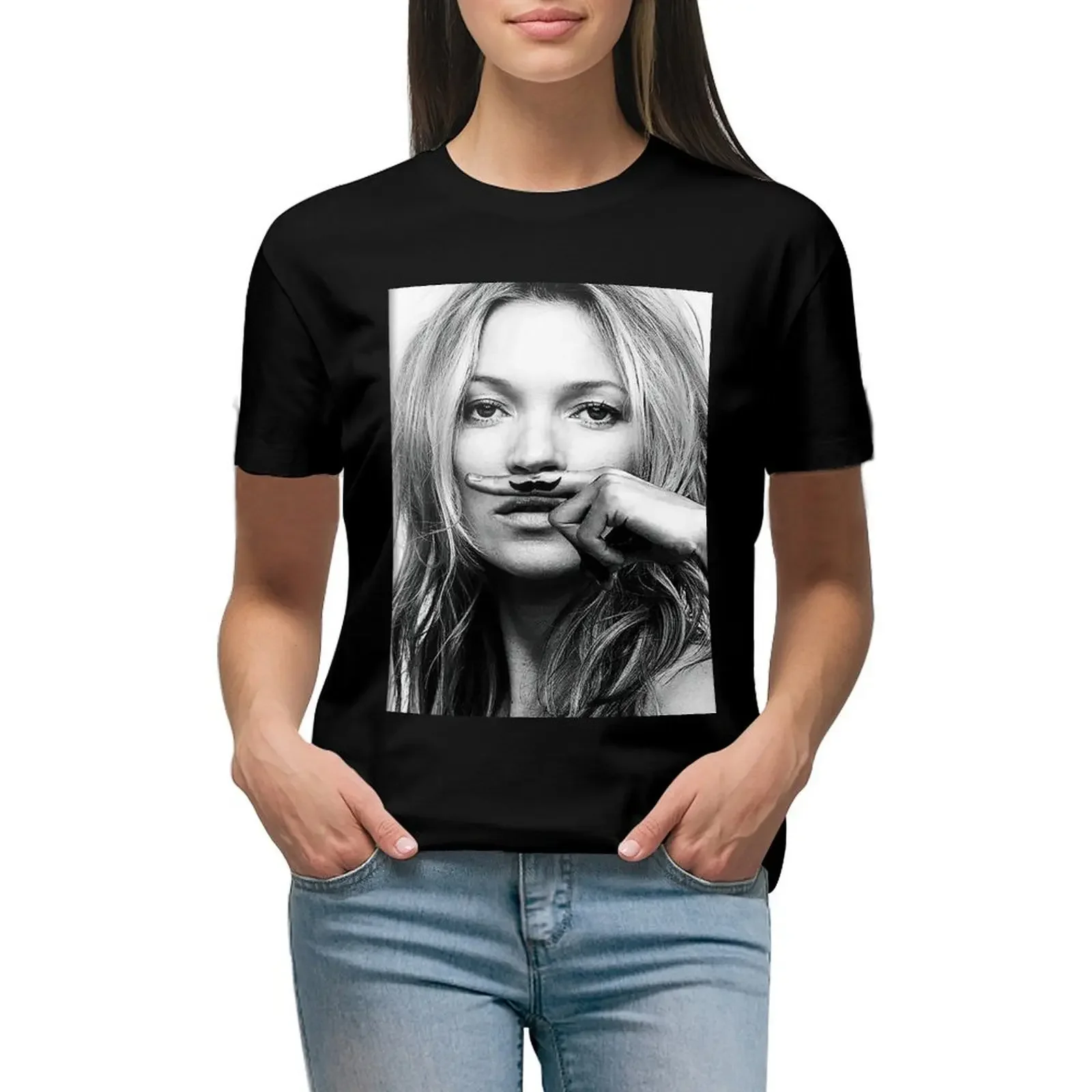 Kate Moss, Mustache, Black and White Photograph T-Shirt female quick drying Blouse animal print Summer Women's clothing