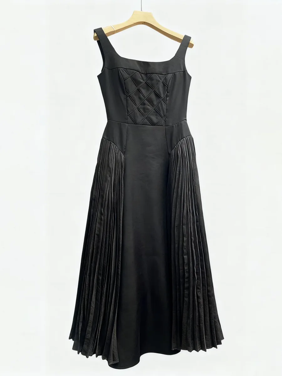 TWOTWINSTYLE Solid Spliced Shirring Fashion Dresses for Women Square Neck Sleeveless High Waist Casual Dress Female Clothing New