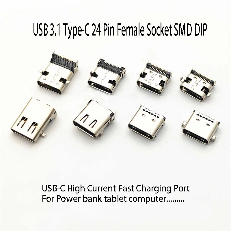 1Pc USB 3.1 Type-C 24 Pin Female Socket SMD DIP PCB Connector High Current Fast Charging Port Bidirectional Insertion USB Port