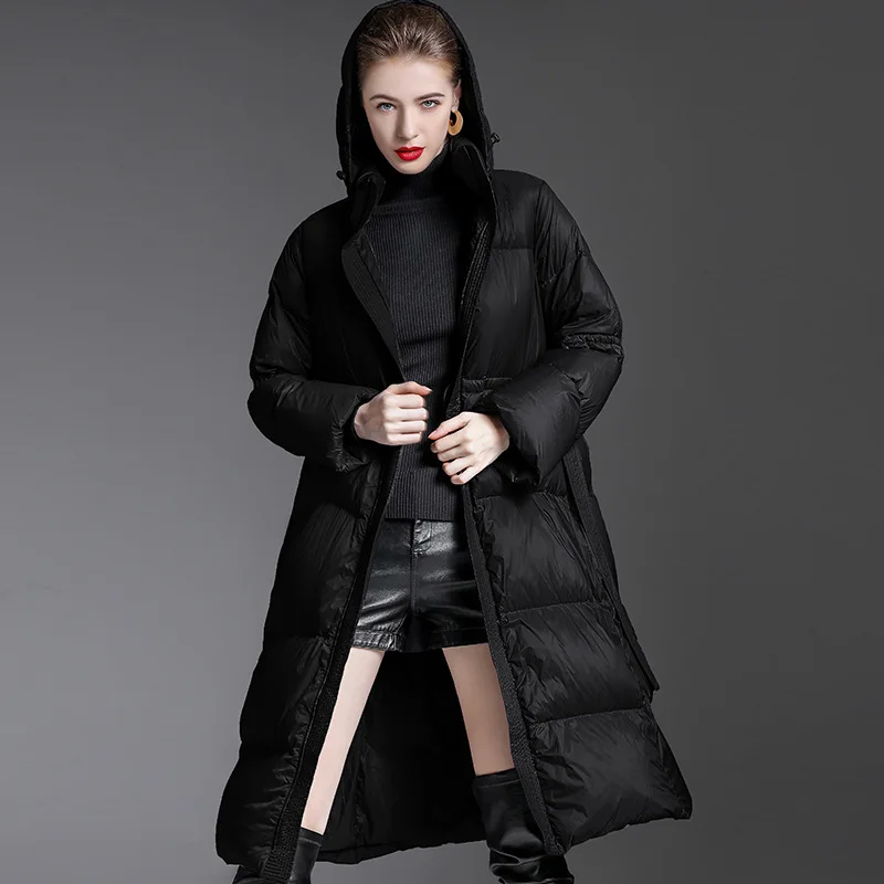Luxury Brand High-Quality Long Down Jacket Winter Warmth Women's Slim-Fit Puffer Jacket Belted Design Cold-Resistant Coat Hooded