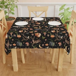 Autumn Magic Forest Animal Square Rectangular Tablecloth Woodland Grass Core Mushroom Moon Stars Pumpkin Table Cloth