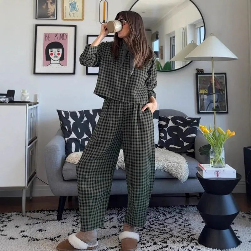 2025 neue Mode Gedruckt Rundhals Hemd + Breite bein Hosen Zwei-stück Sets Frauen Herbst Beiläufige Lose Top hosen Anzug Für Frauen