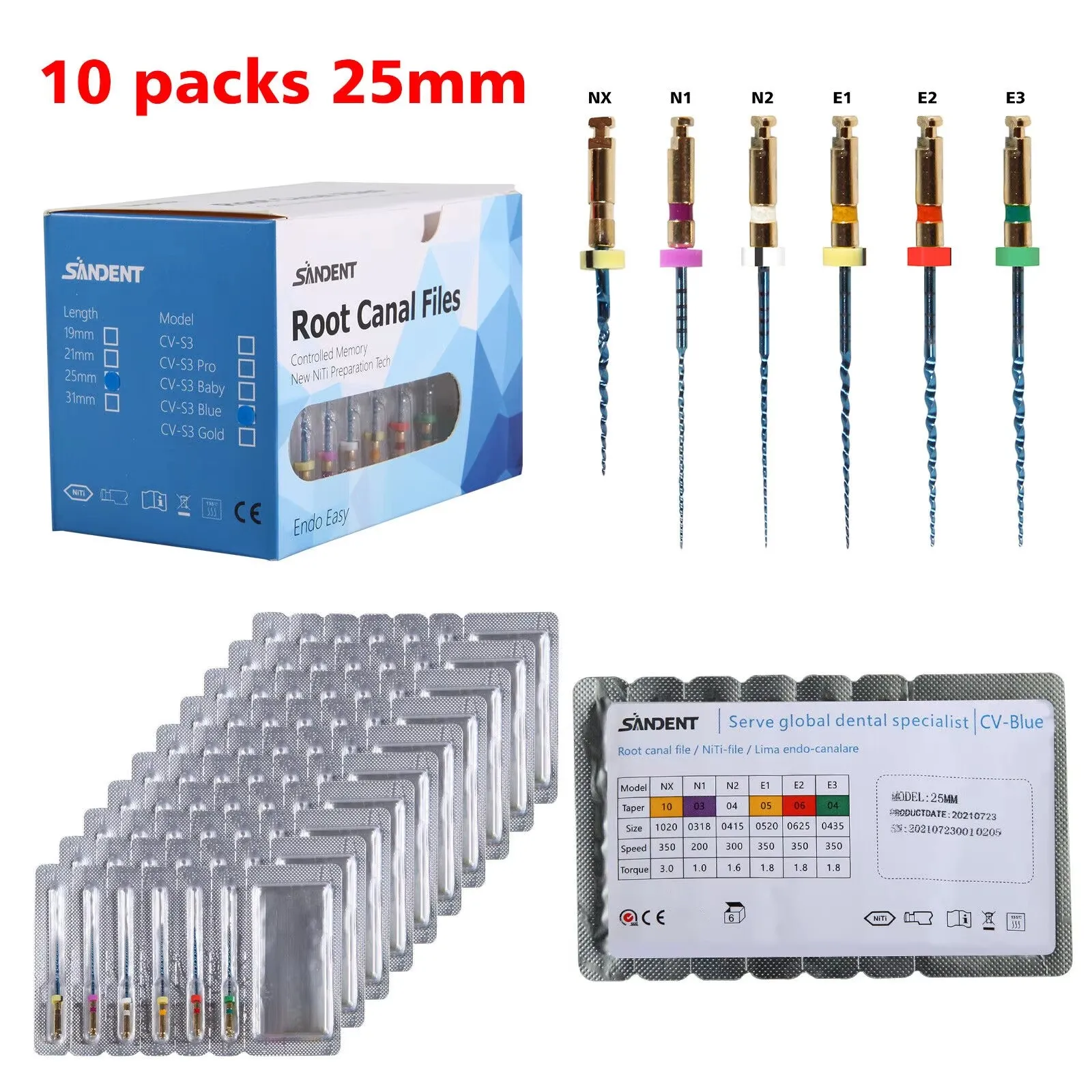 10Packs/60PCS Dental Endodontic Endo Memory Engine Rotary Root Canal NiTi File 25mm files