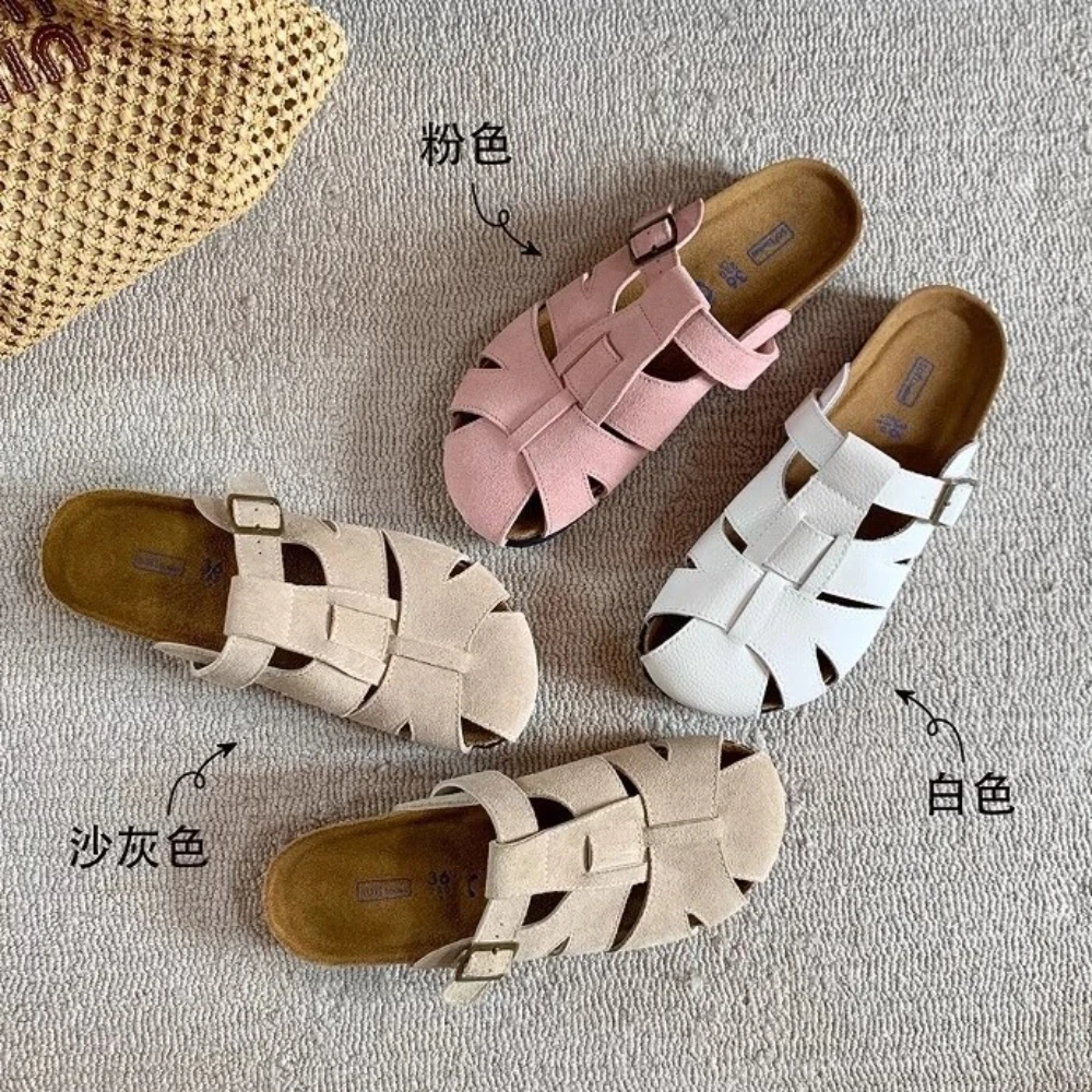

2025Summer New Hollow Leisure Baotou Cool Dragging Women's Pig Cage Slippers Retro Genuine Leather Thick Bottom Lazy Bakin Shoes