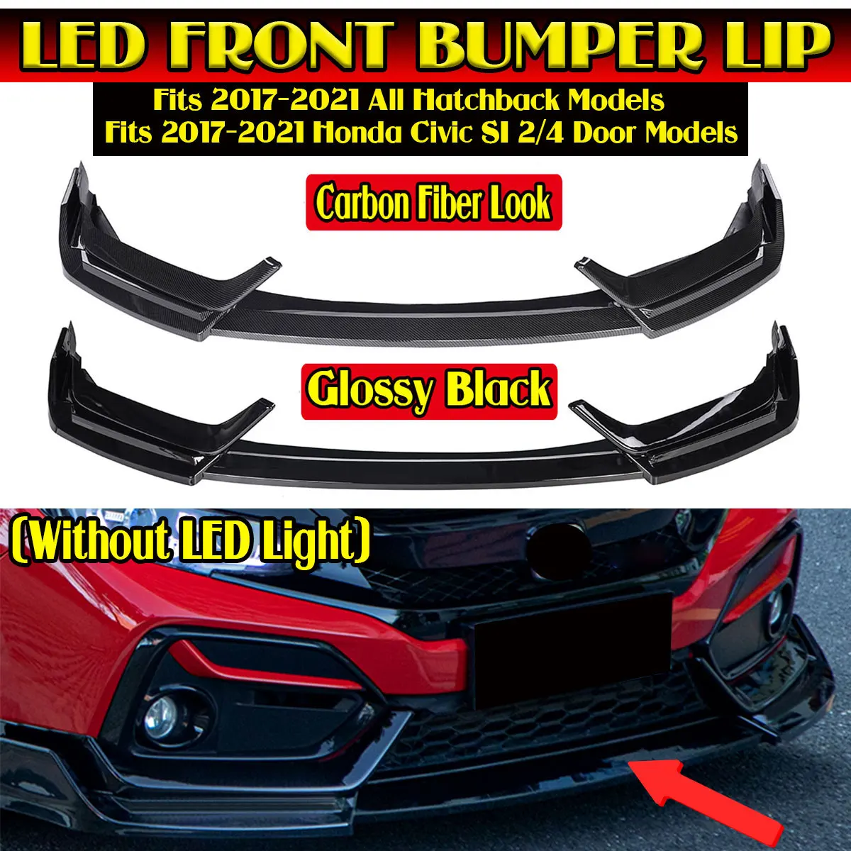 3PCS Front Bumper Spoiler Lip Splitter Gloss Black/Carbon Fibre Fit For Honda Civic Si Hatchback 2017-2021