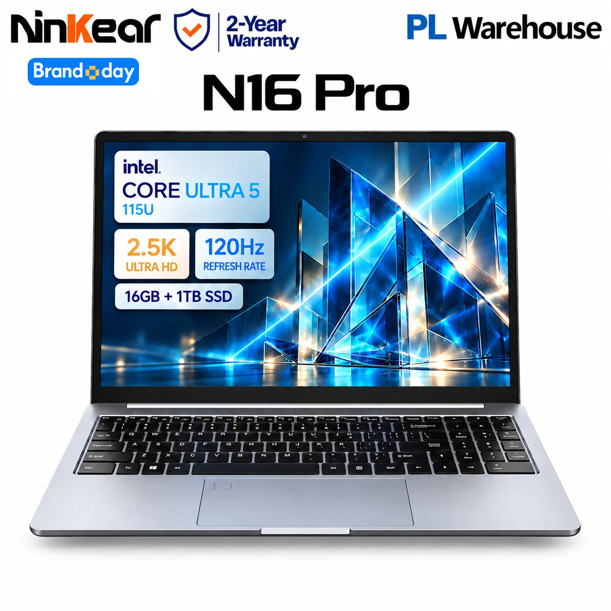 Ninkear N16 Pro Laptop Intel Core Ultra 5 115U, 16GB LPDDR5 RAM, 1TB SSD, 16 Zoll 2,5K IPS 120Hz, WLAN 6, beleuchtete Tastatur, Fingerabdrucksensor, USB-C 65W, Metallgehäuse, Notebook für Büro,