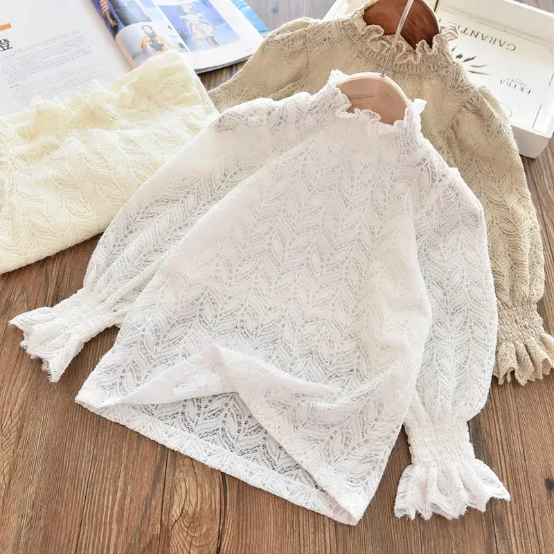 

Новое поступление, осенняя одежда, тонкие майки для девочек-подростков, детские белые кружевные топы для девочек, детские повседневные футболки с высоким воротником, 2025