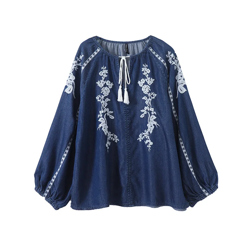 Frauen Denim Bluse Top Blume Stickerei Laterne Hülse Runde Kragen Spitze Up Quasten Vintage Shirt Tops 2025, Herbst Streetwear