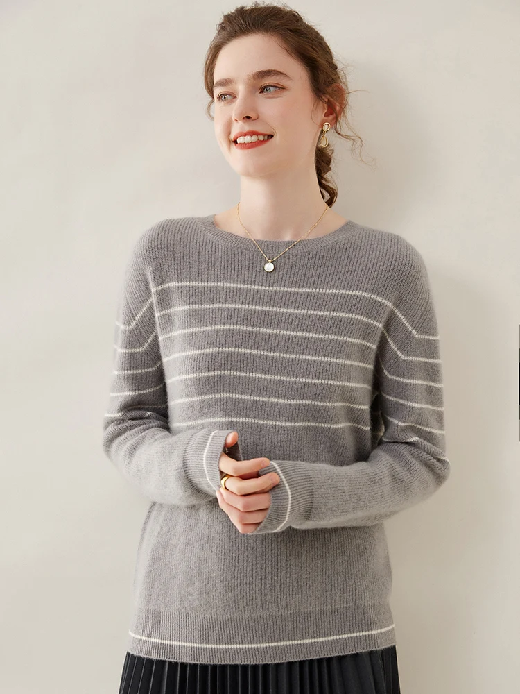 Choice 100% Cashmere Sweater Women's O-neck Pullover Knitwear Light Luxury Casual Loose Autumn Winter Striped Cashmere Jumper