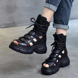 2022 New Summer Black Women Leather Sandals Cool Ankle Boots Platform Shoes Wedges Women's Sandals Fashion Outdoor Sandalias