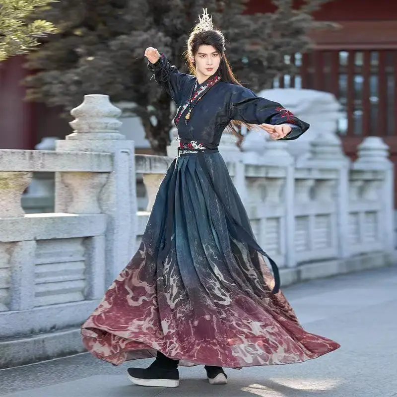 Men's Ancient Black Red Fire Hanfu Traditional Weijin Period Cross Collar Costume Niche Swordsman Cosplay Outfits Dance Dress