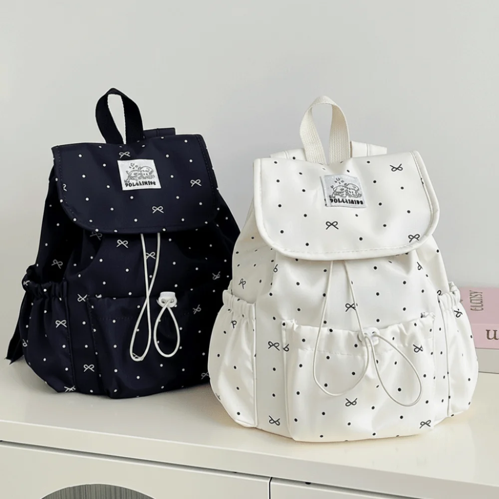 Japanese Style Women's Backpack Polka Dot Pattern Large Capacity Drawstring Backpack Drawstring Closure Preppy Style Bag