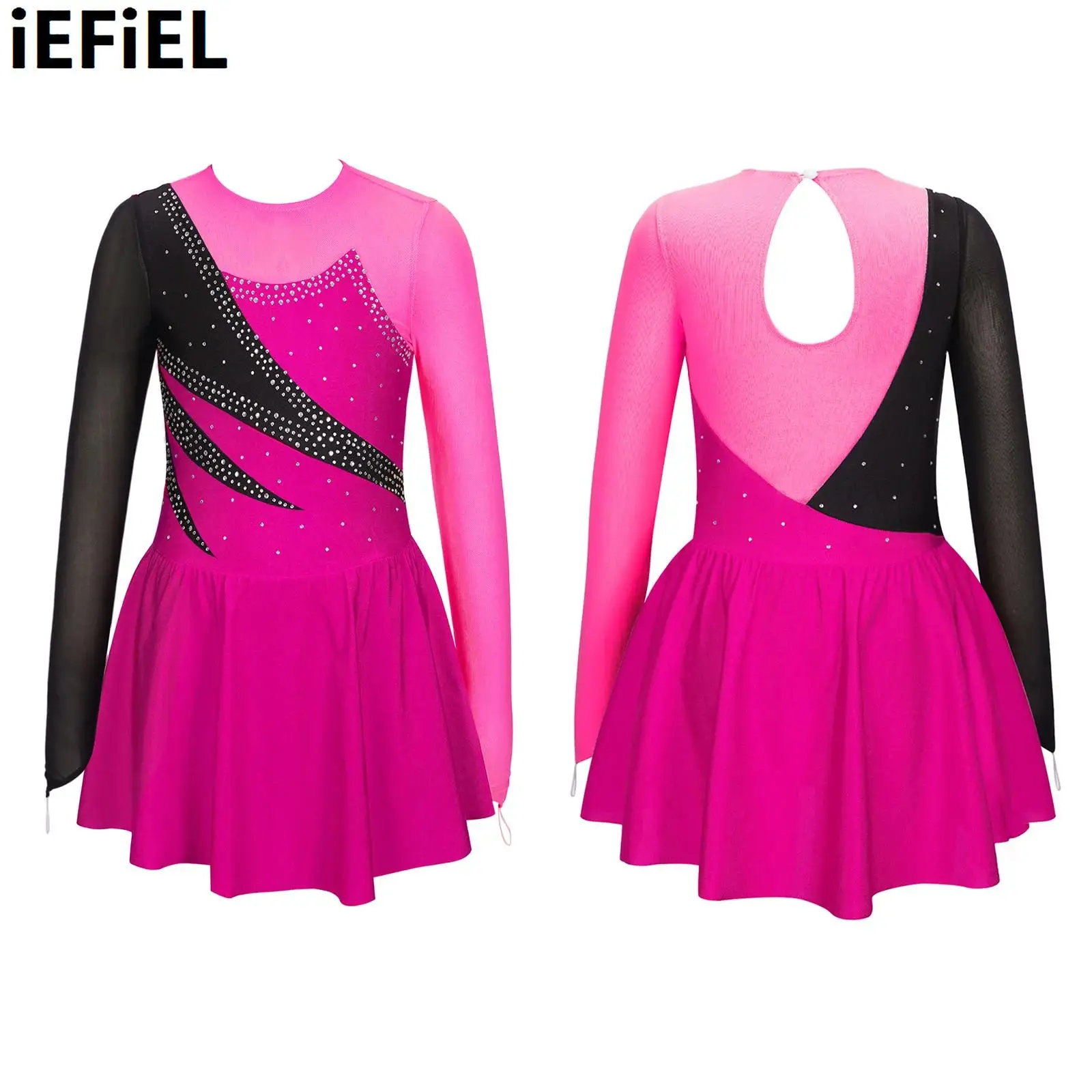 

Kids Girls Rhinestone Dance Dress Stylish Clothing Long Sleeve Round Neckline Contrast Color Decorated Hollow Back Skating