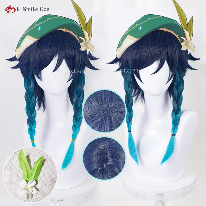 Peluca de Cosplay de Venti, pelo sintético resistente al calor, gorro de peluca, 42cm