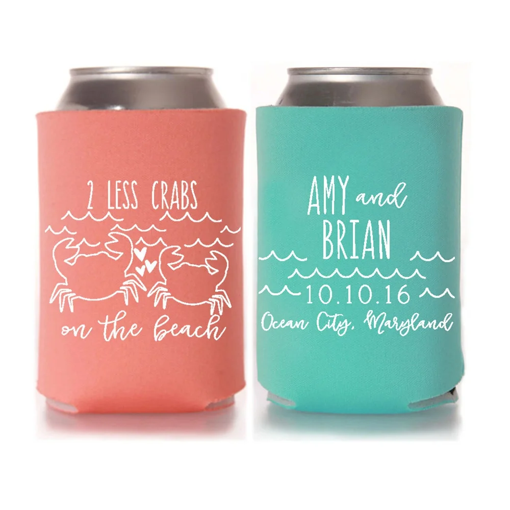 Beach Wedding Favors - 2 Two Less Crabs on the Beach Wedding Can Coolers, DIY Favors for Guests, Destination Wedding Beer Cooler