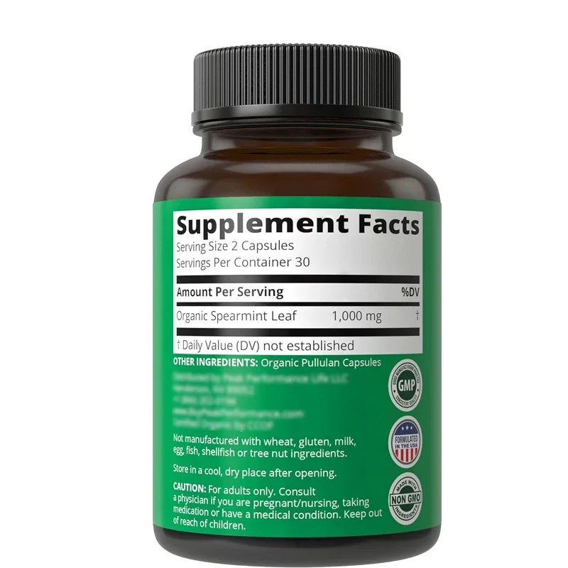 USDA Organic Spearmint Capsules. Organic Vegetarian Spearmint Leaf Pill, Suitable for Acne, Digestive Support, Intake, PCOS, Etc