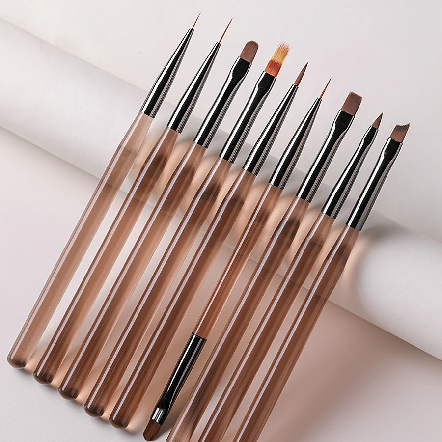 9Pcs Nail Brush Set Detail Work Pens with Stylish Brown Handles for Gel Nail Art Fine Line Painting Professional & Home Use Tool
