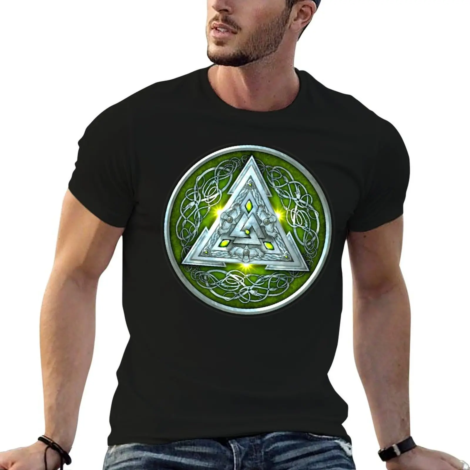 Norse Triskele Valknut Shield in Silver and Green T-Shirt plus size tops Louboutins fitted t shirts for men