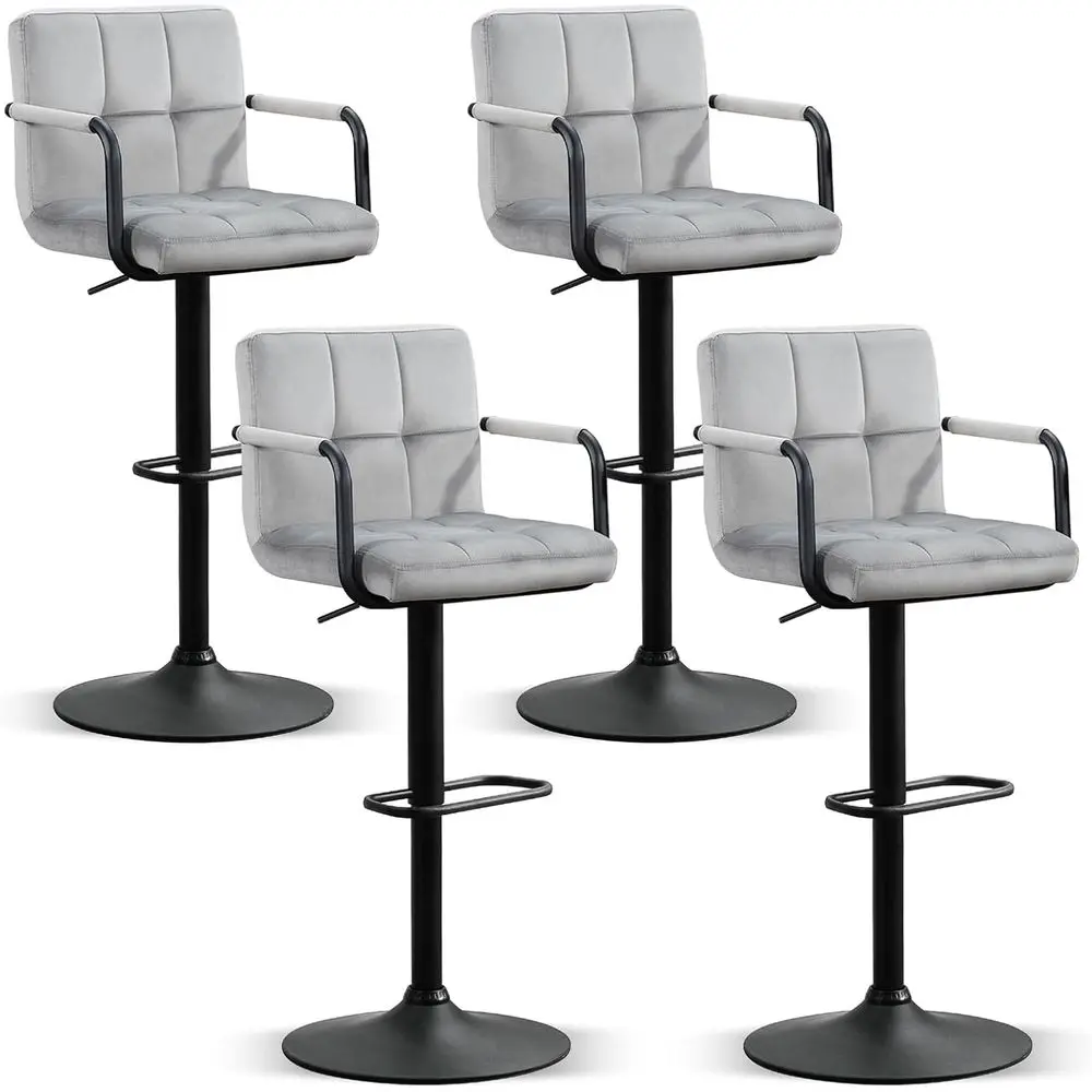 

Set of 4 Adjustable Velvet Bar Stools with Arms, Backrest, and Footrest for Kitchen, Dining, and Pub Areas in Grey