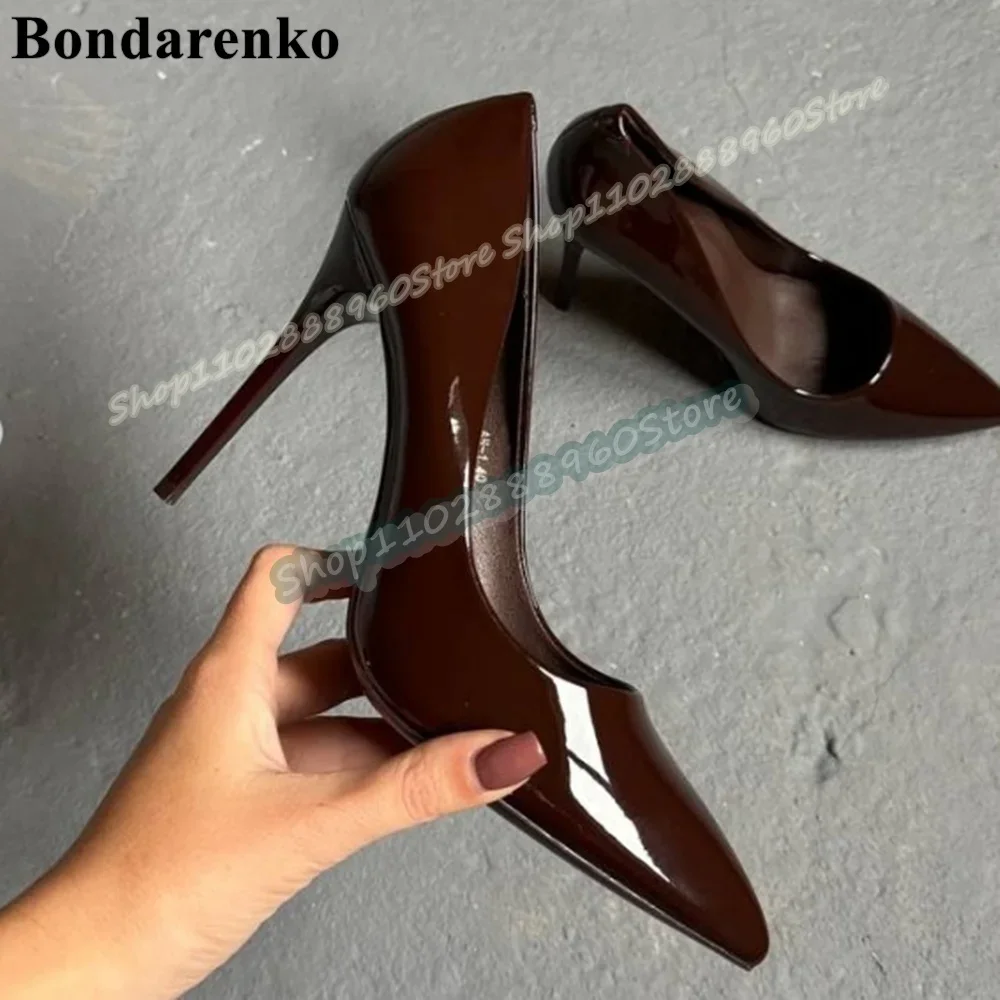 

Coffee Color Glossy Leather Pointy Pumps Stilettos High Heel Women Shoes Slip On Pointed Toe Banquet Stylish Zapatos Para Mujer