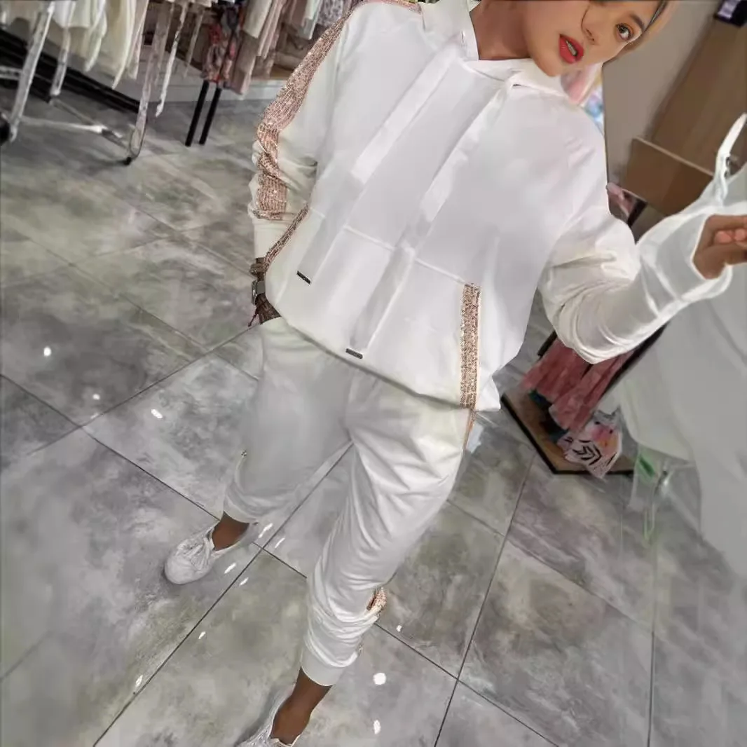 

2025 комплект женской одежды, топ с капюшоном и длинными рукавами, спортивные штаны, брюки, осенний новый повседневный женский костюм, женские комплекты из 2 предметов с блестками