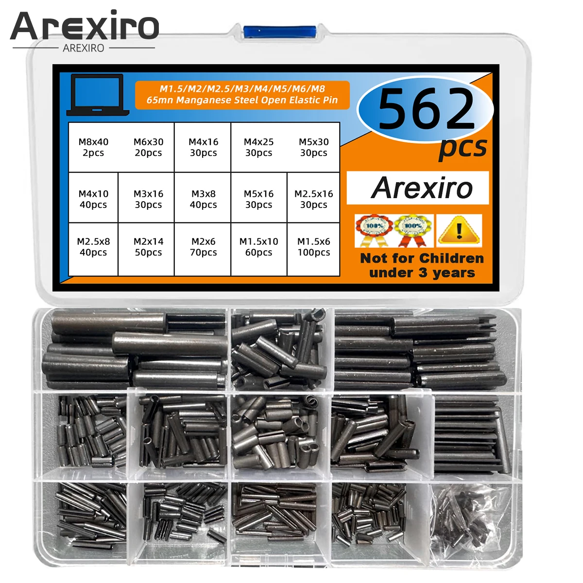 

602Pcs Roll Pins Assortment Set Steel Slotted Spring Roll Pins Assorted Metal Split Spring Kit M1.5/M2/M2.5/M3/M4/M5/M6/M8