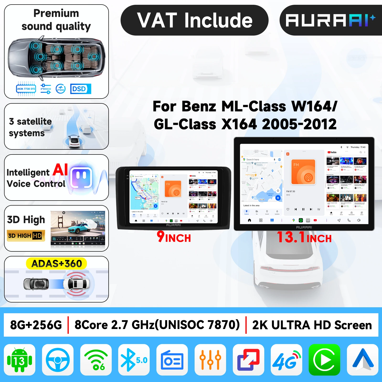 Écran intelligent de voiture AURAAI 2.7Ghz*8 2K pour Mercedes Benz ML GL W164 ML350 ML500 GL320 X164 ML280 GL350 GL450, GPS multimédia, affichage 1920*1200, Ultra 3D, haute interface, radio en ligne, amplificateur TDA7708,7851, AKM 7738 DTS, avec avertissement de sécurité de conduite style Tesla