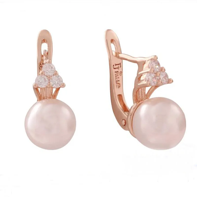 FJ Women 585 Rose Gold Color 10mm Simulated Pearl Crystal Drop Jewelry Earrings