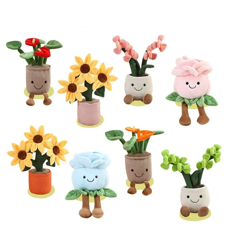 Simulazione Vaso di fiori Peluche Farcito Morbido Tulipano Fungo succulente Harebell Rosa Annouro Pianta con gambe Decorazione viso sorridente