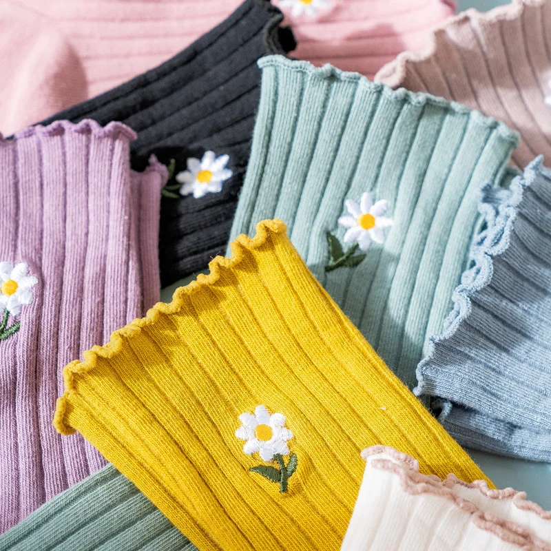 Medium Length Socks, Korean Version, Small Daisy Pile Socks, Women's Socks, Spring Summer Thin Style, Wood Ear Edge Cotton Socks