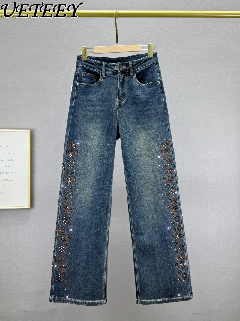 Fleece-Lined Denim Straight-Leg Pants for Women Winter New High-Waisted Loose Slimming Retro Embroidered Rhinestone Jeans