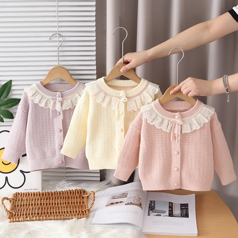 

Свитер для девочек, осень 2024, новый кружевной вязаный свитер с кружевным вырезом, однотонный кардиган для девочек, куртка