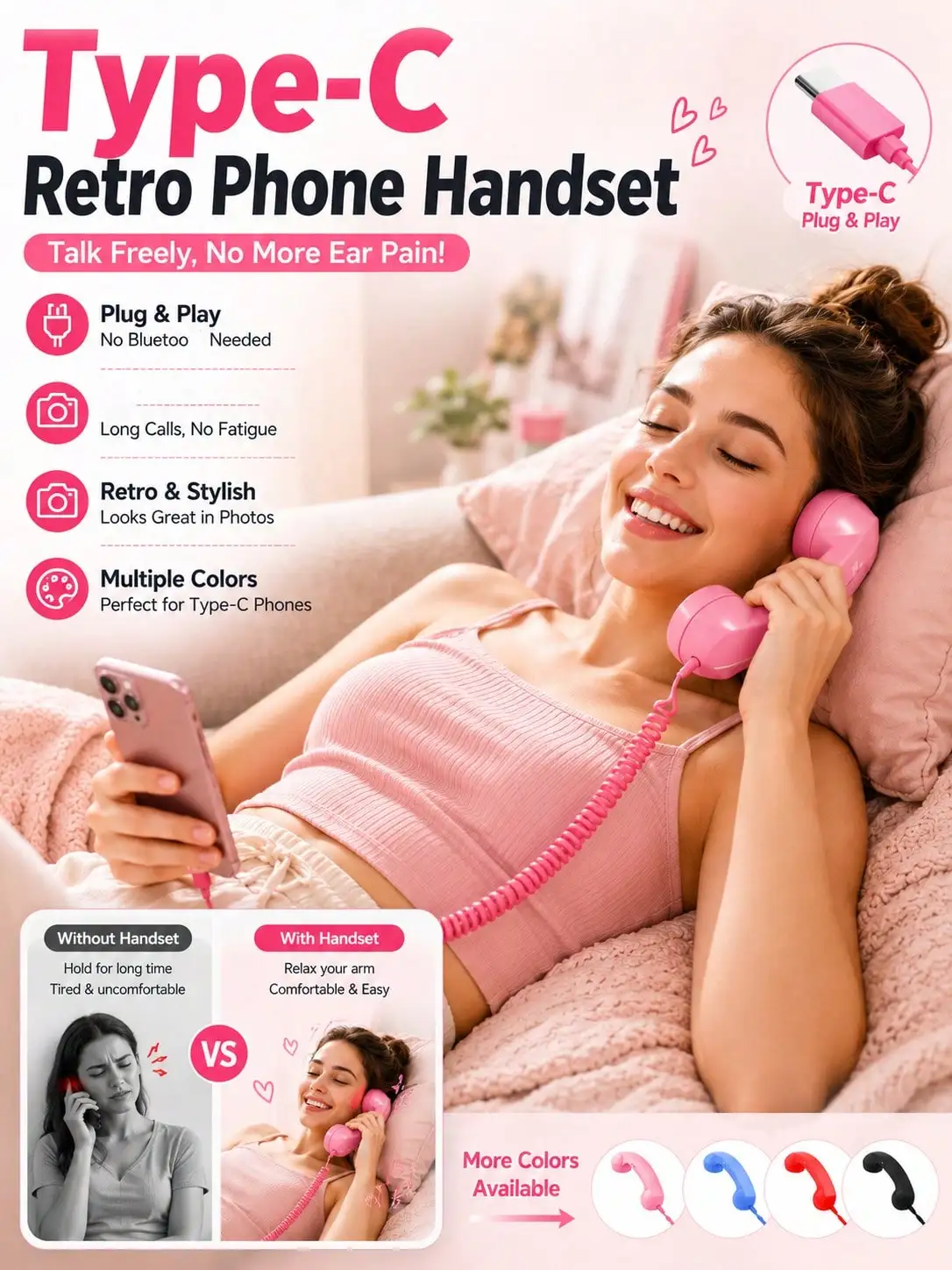Nuevo Auricular Telefónico Vintage 2026 con Micrófono, Auricular Telefónico Tipo C de Estilo Retro, Auricular Telefónico con Cable Tipo C Vintage para Videoconferencias, Llamadas y Reuniones con Teléfonos Móviles