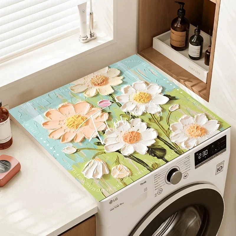 VIKAMA Elegant Retro Flower Letter Border Washing Machine Dust Cover Non-slip Shock Absorbing Laundry Room Decor Mat