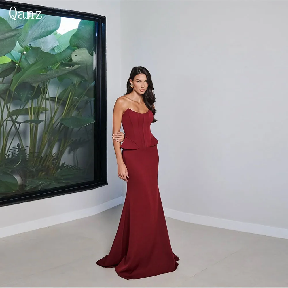 

Qanz Burgundy Formal Evening Dresses Mermaid Satin Vestidos De Fiesta Elegantes Backless Party Prom Gowns Women Customized