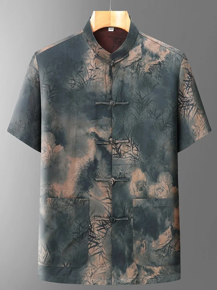 

Silk ort Sve irt Men's Summer High End Xiangyun Silk Chinese Sle Button up irt Faionable Ci Casual Loose Fit