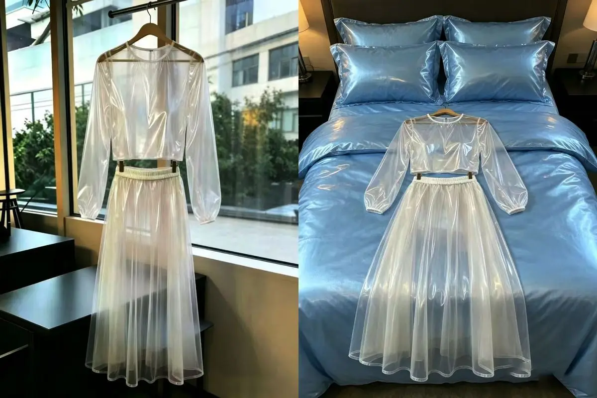 

Transparent PVC Long Sleeved Women Set Sexy Soft Stylish Design Two Pieces See-through Dress Party Costume Panty Clothes