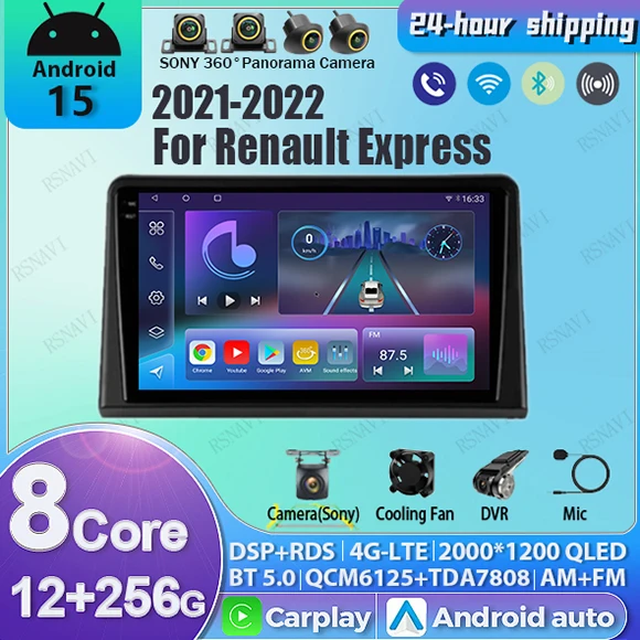 Android 15 Car Radio For Renault Express 2021 2022 Multimedia Player Stereo GPS WIFI+4G wireless Carplay Auto Video 360 Camera