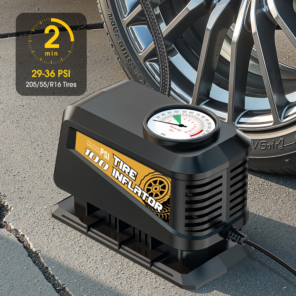 

Портативный насос для накачивания шин Carsun, 12 В, воздушный компрессор Plug-and-Play с механическим манометром для автомобилей, мотоциклов, шариков 100PSI