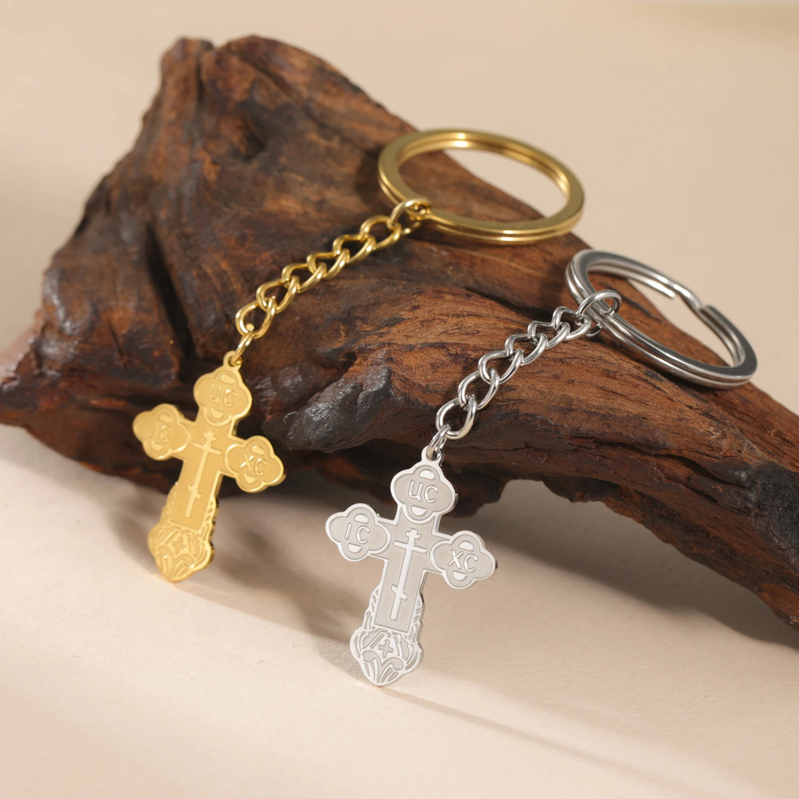 COOLTIME Edelstahl-Kreuz-Anhänger-Schlüsselanhänger, östliche orthodoxe Inschriften, Amulett-Schlüsselanhänger, christlicher Gebetsschmuck – Detail 3